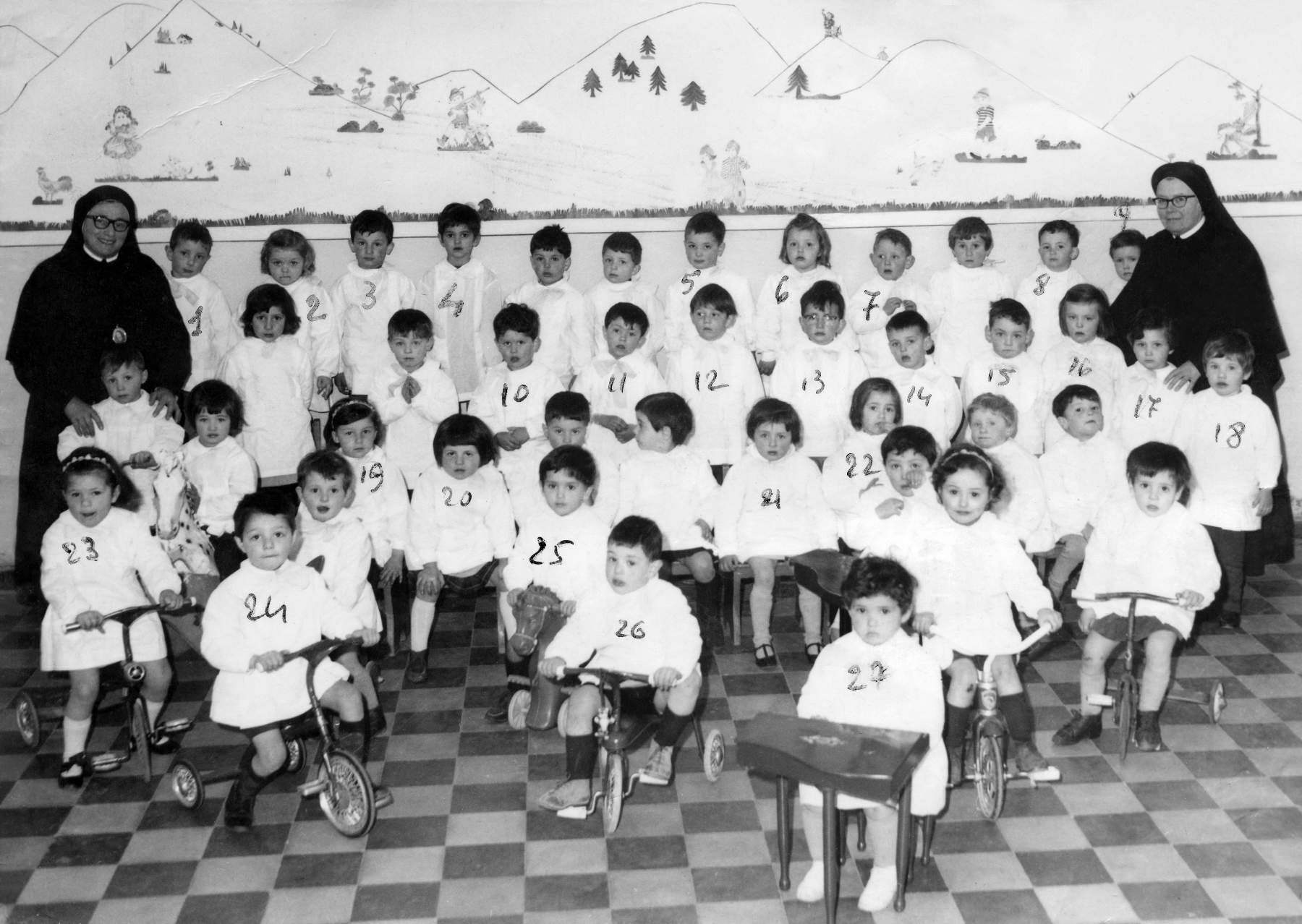 Scuola materna classe 1963, anno 1966-67. 1 fila alto da sx: 1 Prenot Giuseppe, 2 Norma Volpe, 3 Giancarlo Bonora, 4 Dorella Foscarini, 5 Michele Bordignon, 6 Manuela Gallina, 7 Varago Bruno, 8 Flavio Signor, 9 Maria Assunta Gallina, 10 Gianpaolo Livore, 11 Ruffino Morlin, 12 Bacciega Mauro, 13 Peretto Italo, 14 Paolo Gatto, 15 De Bortoli Novino, 16 Norma Volpe ??, 17 Spinelli Anna, 18 Manuela Gazzola, 19 Panighel Lucia, 20 Matilde Poloni, 21 Cazzolato Antonella, 22 Lidia Comunello, 23 Nadia Brollo, 24 Annio Sernagiotto, 25 Barichello Loredana, 26 Adriano Facin, 27 Sonia Spinelli, 28 Emanuela Bordin.